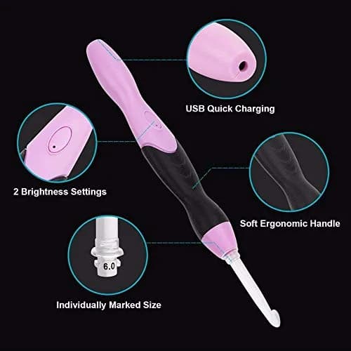 Yarniss Lighted Crochet Hook Set with Case | 11 Sizes 2.5-8mm Rechargeable USB Pink thumbnail 6