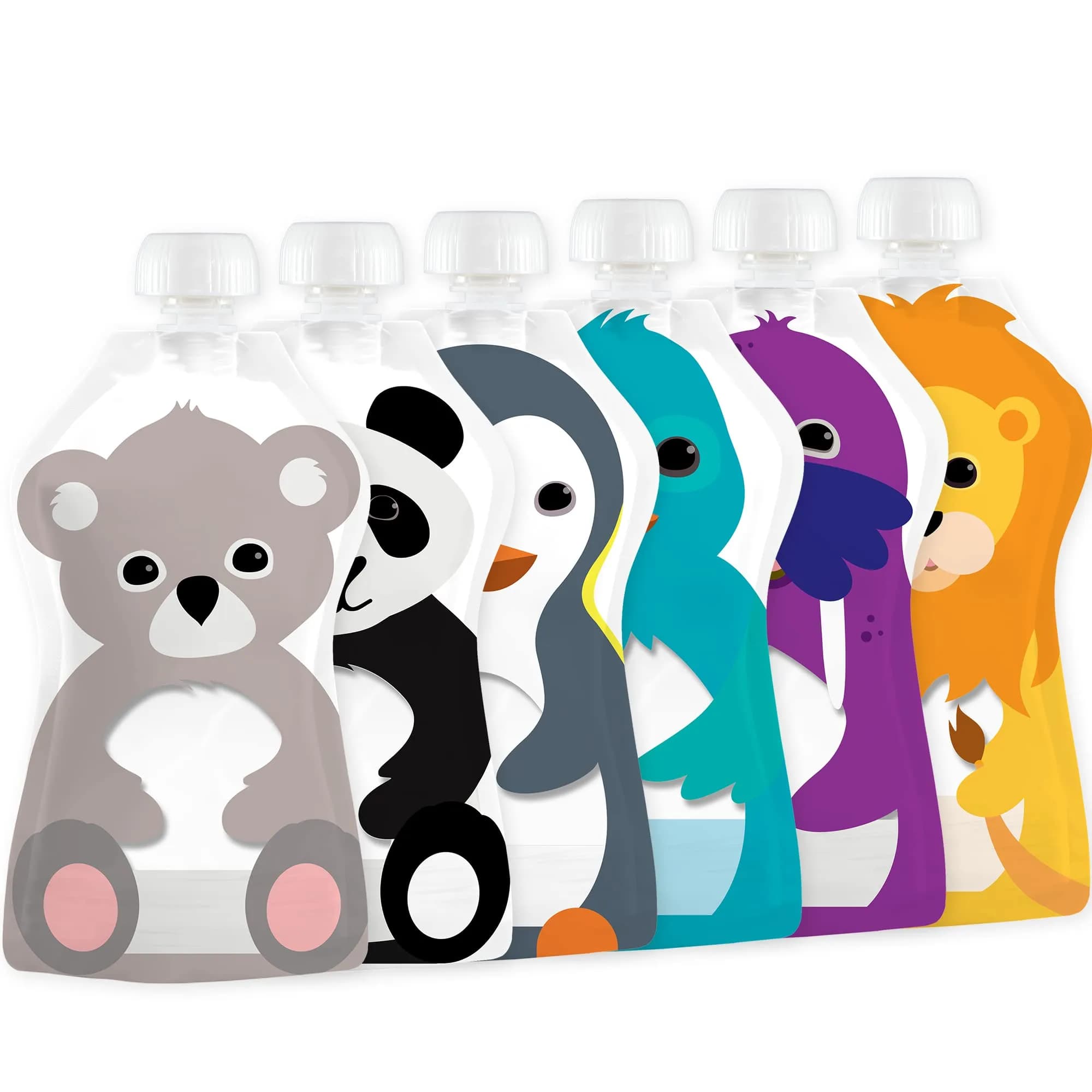 SQUOOSHI Reusable Baby Food Pouches 6 Pack 5oz Assorted Animals | Eco-Friendly, BPA-Free, Travel-Ready — Multi