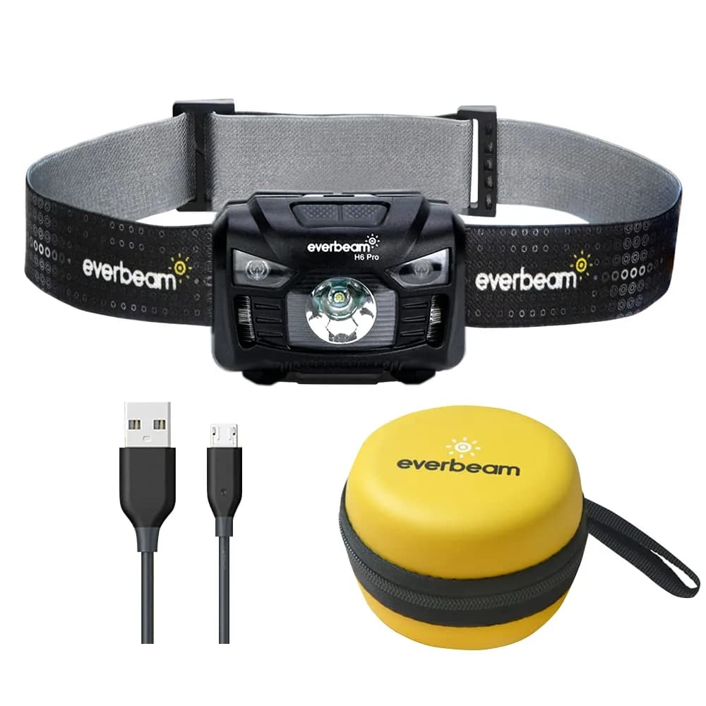 Everbeam H6 Pro LED Headlamp with Motion Sensor, 650 Lumen Brightness, 20 Hours Runtime, 1200mAh USB Rechargeable Battery | 72g (2.5oz) Lightweight — Black