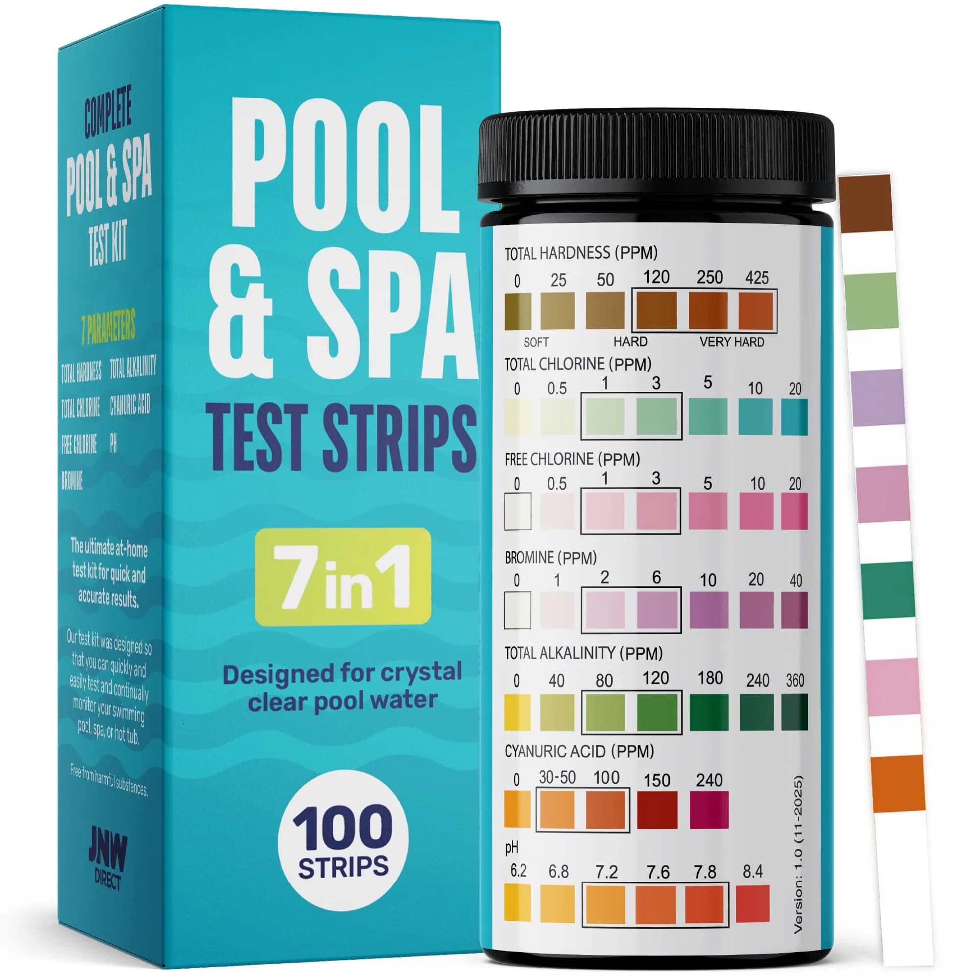 JNW Direct Pool Test Strips 100 Count | 7-in-1 Water Test for Pools & Spas