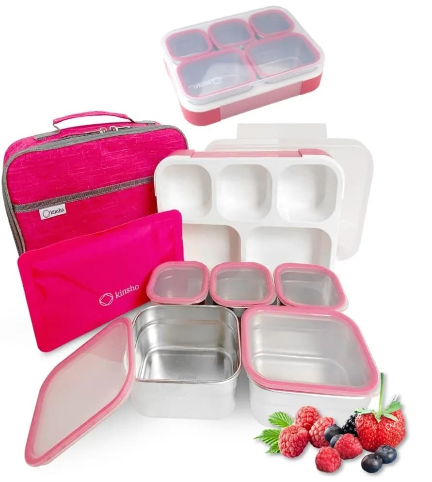 kinsho Stainless Steel Bento Lunch Box Set for Adults, Kids - 34 oz Pink | Leak-Proof Meal Prep Containers thumbnail 2