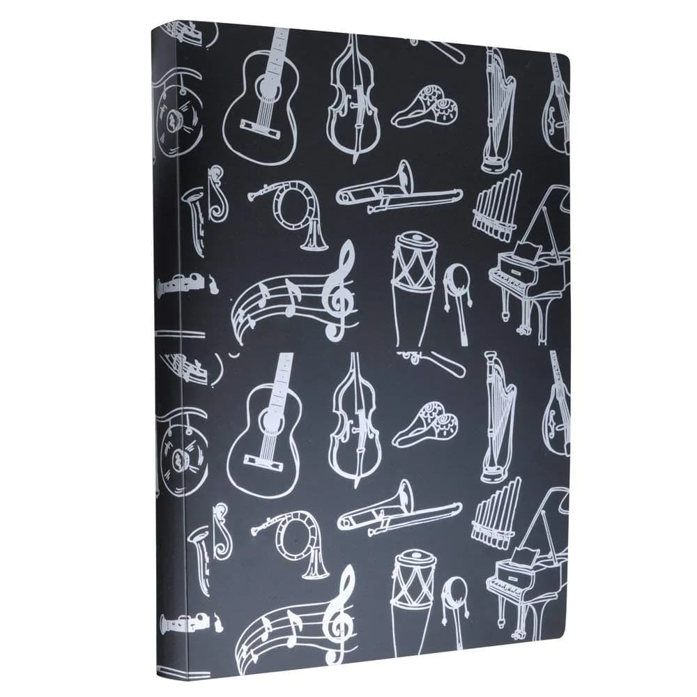 KingPoint Music File Folder A4 Size Sheet Music Folder with 40 Pockets | Durable & Attractive Music Themed Design — Cartoon Musical Instrument -Black