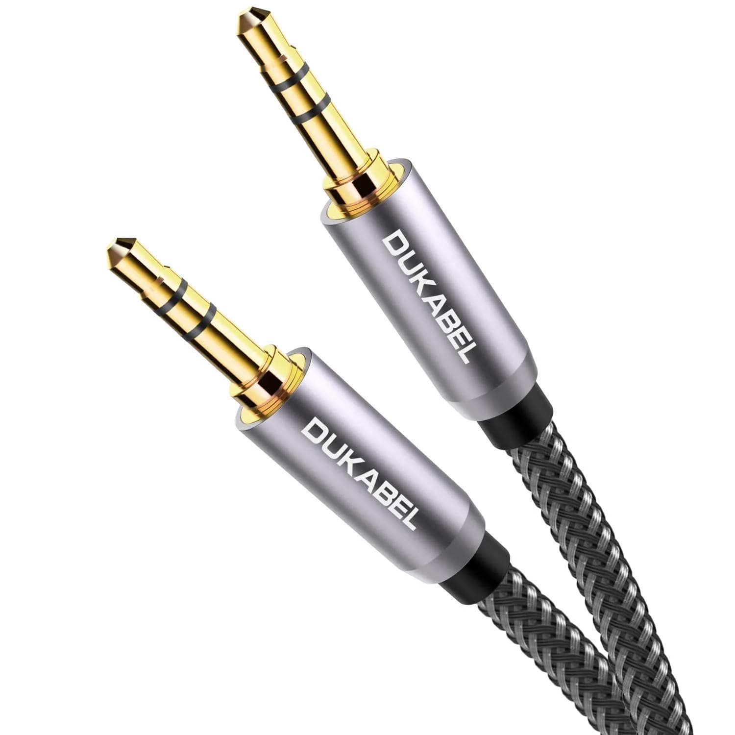 DUKABEL 8ft (2.4m) Aux Cable | Gold Plated 3.5mm Male to Male Stereo Audio Cable with Nylon Braided Jacket — Grey / 26 ft