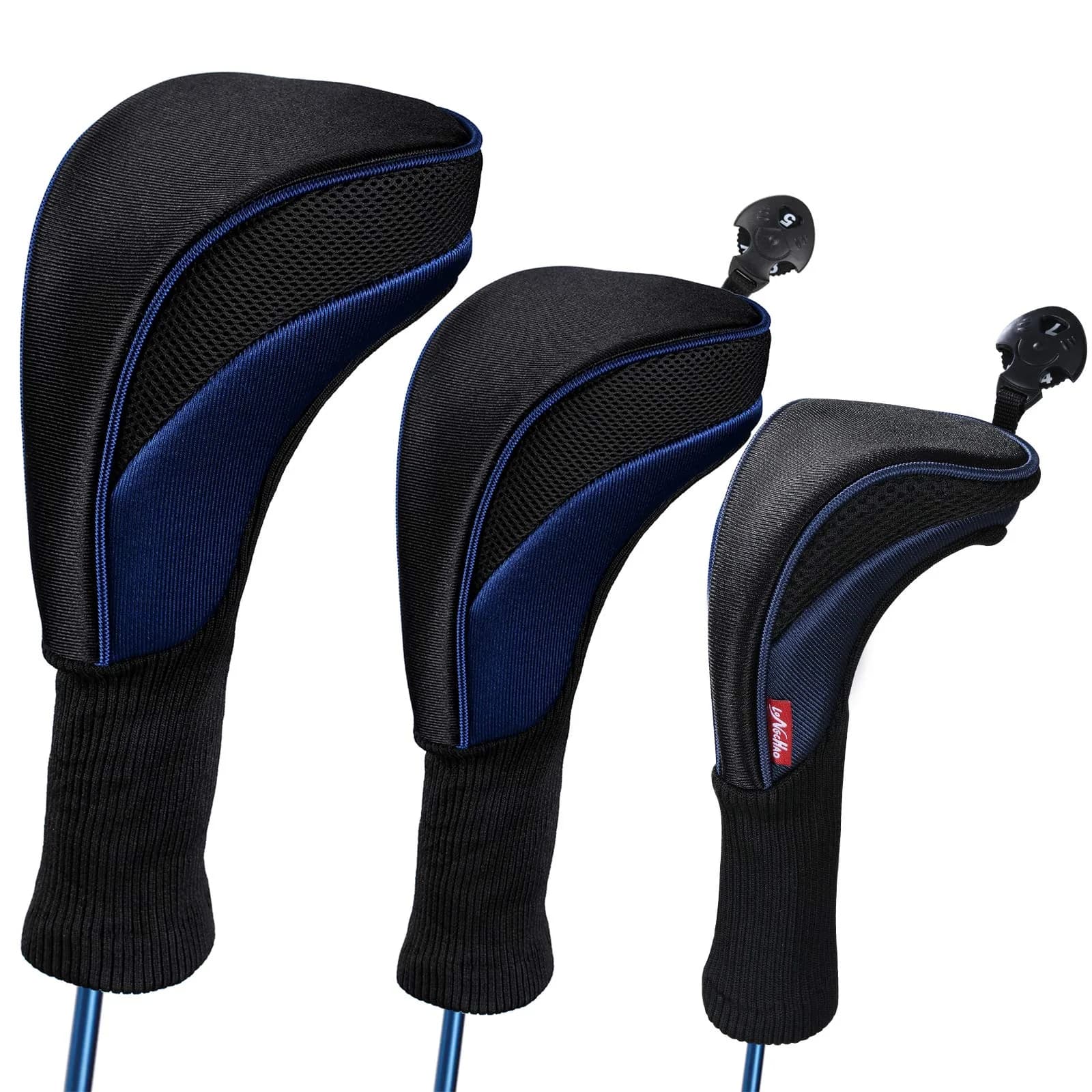 LONGCHAO Golf Club Head Cover Set 3 pcs | Thick, Soft & Interchangeable Tags (1680D Material, Blue)
