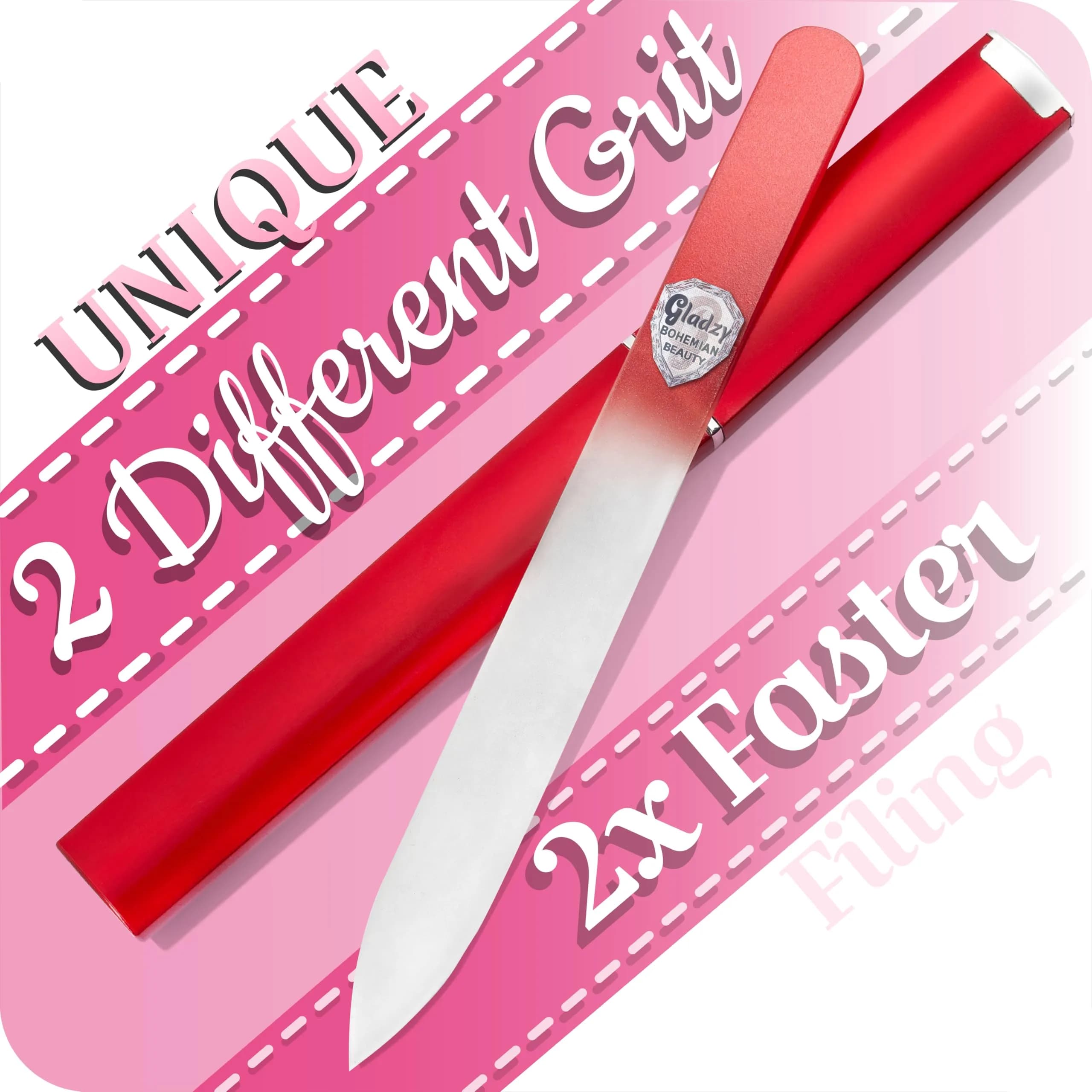 Gladzy Czech Glass Nail File with Case – Double Sided Crystal Nail File for Natural Nails, Dual Grit Coarse & Smooth Sides, Etched Bohemian Glass Manicure Tool, Professional Care, Ethically Made in EU — Coral Red