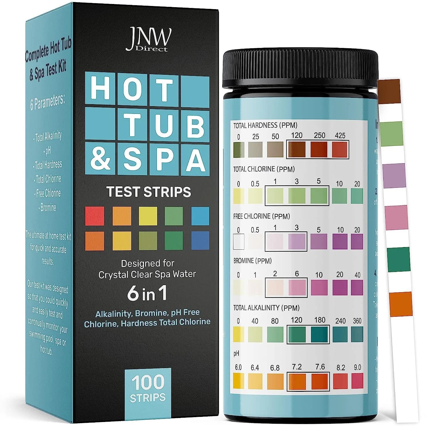 JNW Direct Hot Tub Test Strips 100 Pack | 6-in-1 Water Testing for Spas & Pools