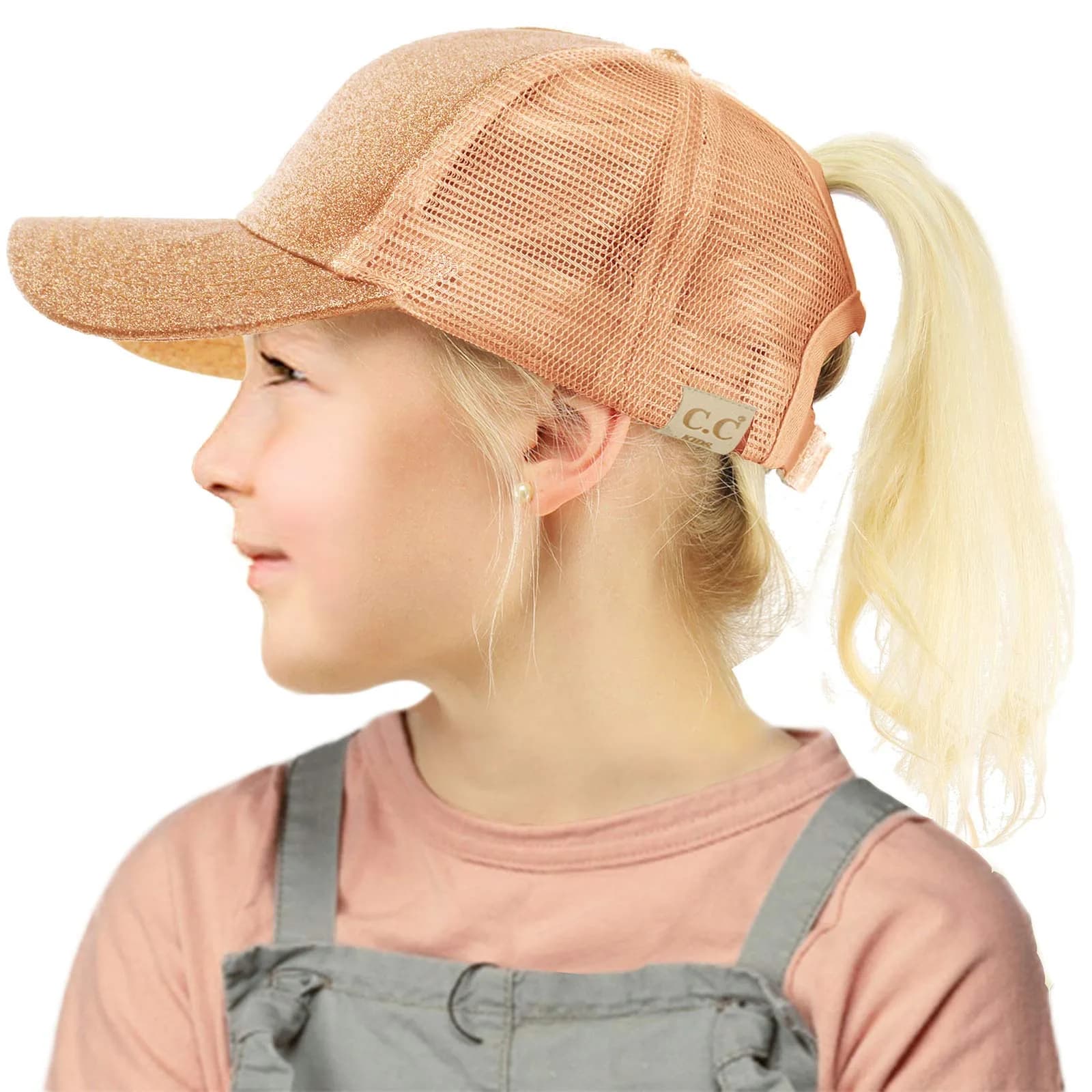 C.C Kids Messy Bun Ponytail Baseball Cap Hat with Criss-Cross Back & Ombre Glitter (One Size Fits Most, Purple Multi) — Glitter Rose Gold