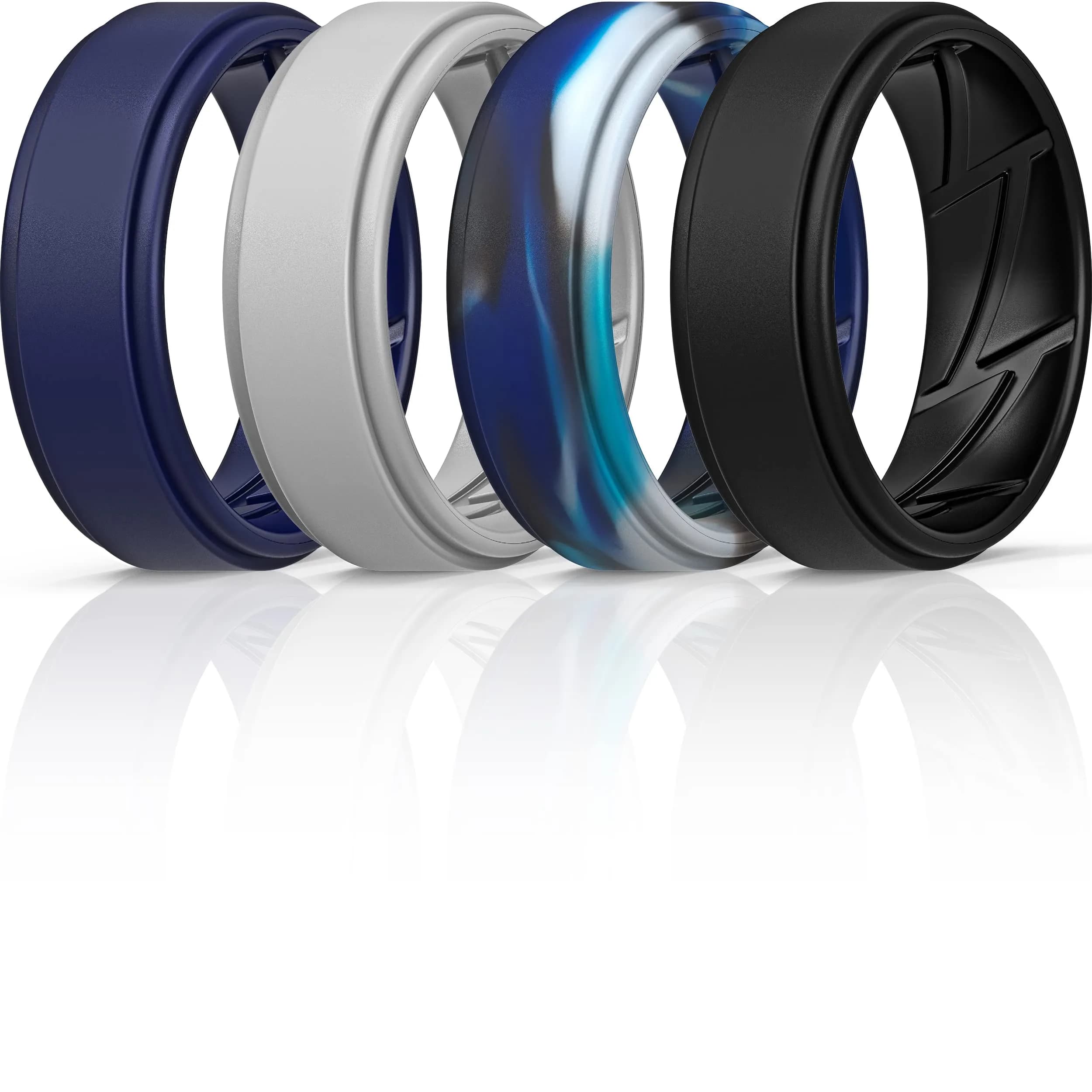 ThunderFit Silicone Wedding Rings for Men, Breathable Airflow Inner Grooves | Hypoallergenic, Flexible, Safe for Active Lifestyle — Pack S: Charcoal Black, Stone Grey, Shadow Blue, Blue Camo