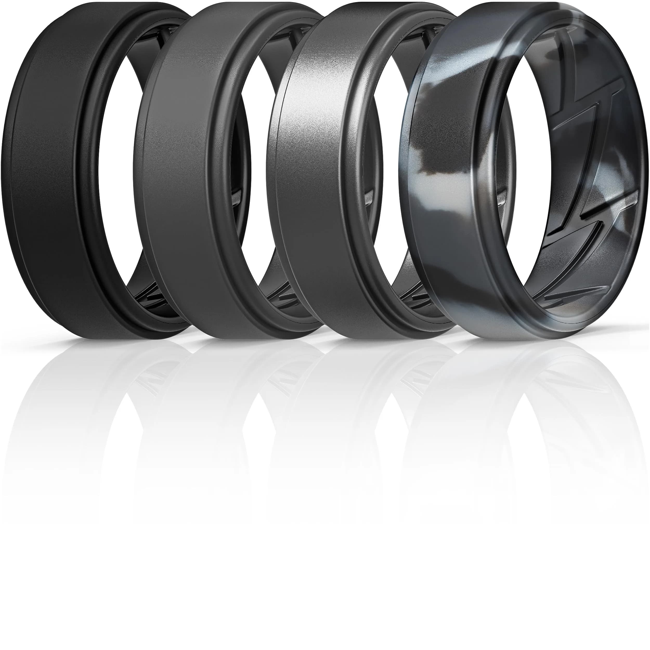ThunderFit Silicone Wedding Rings for Men, Breathable Airflow Inner Grooves | Safe, Flexible, Hypoallergenic — Pack A: Charcoal Black, Graphite Grey, Black Camo, Metallic Dark Onyx / 7.5 - 8 (18.2mm)