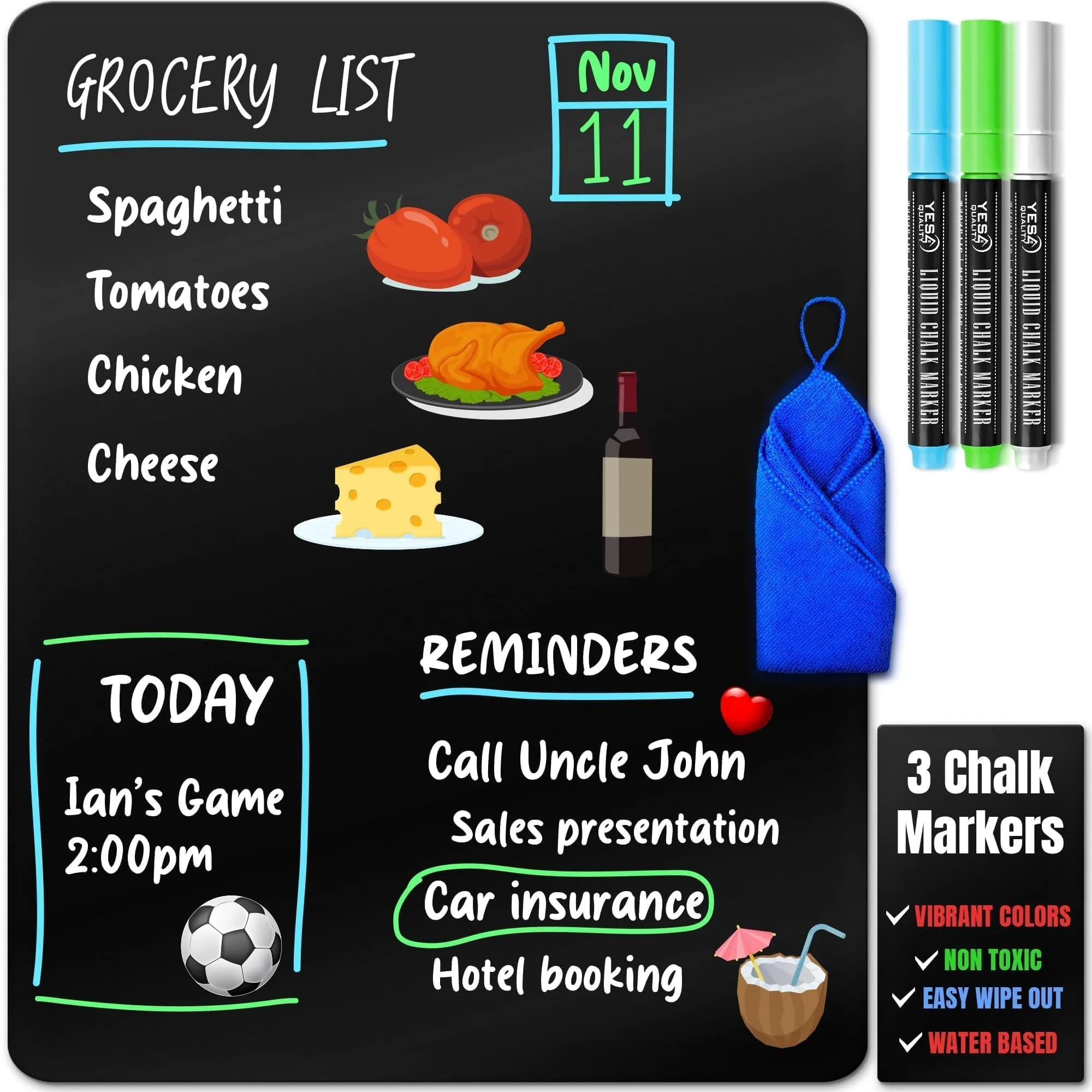 YES4QUALITY Magnetic Black Dry Erase Board 12x8 inches | Easy-Erase Surface & Bright Markers — 17x11"