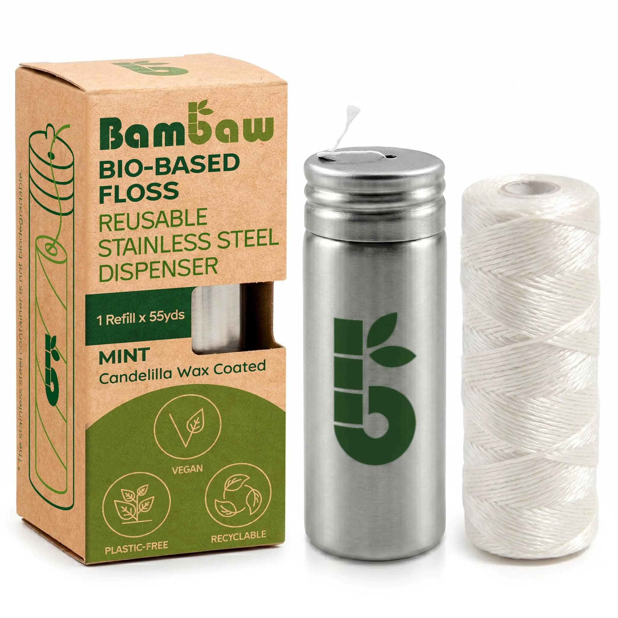 Bambaw Mint Silk Dental Floss Refills 165 Foot (Pack of 2) | Biodegradable & Plastic-Free Oral Care — White / Bio Floss + Dispenser
