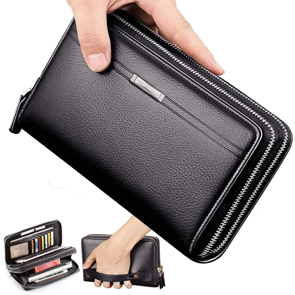Valentoria Men's Long Leather Clutch Wallet Purse with Zipper 21cm (8.27") | Business Hand Bag for Phone, Cards & Cash — Black
