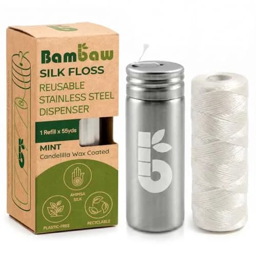 Bambaw Natural Silk Dental Floss Mint 55 yd (165 ft) | Biodegradable Eco Floss with Stainless Steel Dispenser thumbnail 1