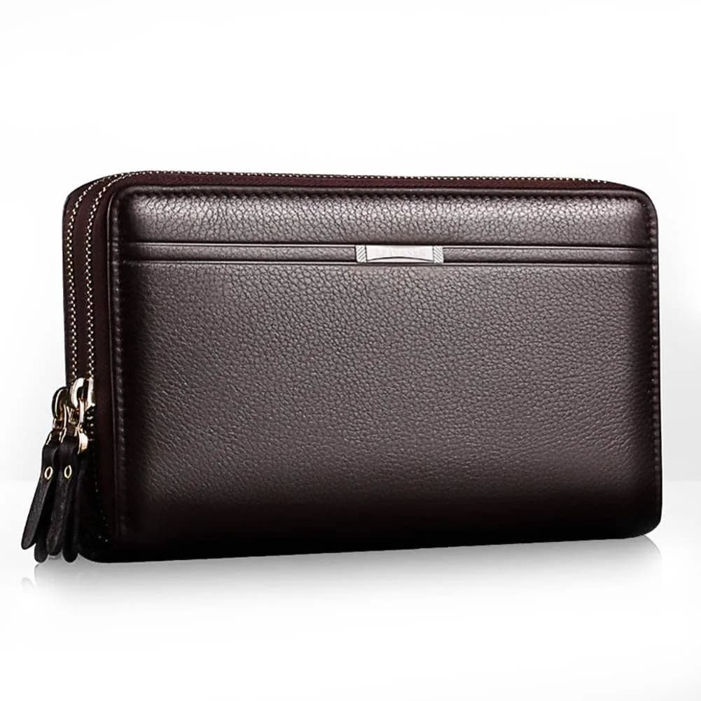 Valentoria Men's Long Leather Clutch Wallet Purse with Zipper 21cm (8.27") | Business Hand Bag for Phone, Cards & Cash — Brown