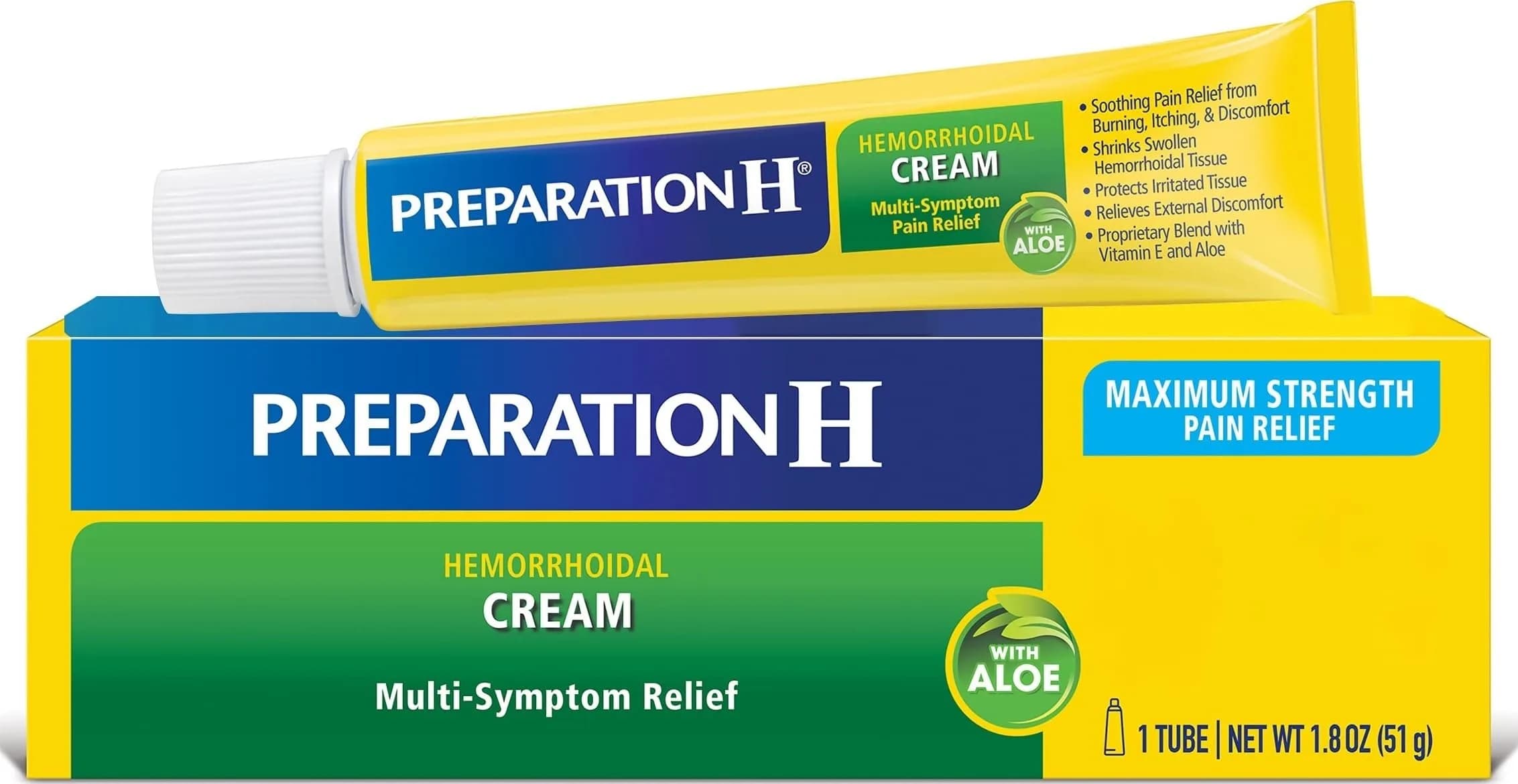 Preparation H Hemorrhoid Cream with Aloe 1.8 Oz (51g) | Fast Multi-Symptom Relief for Itching, Burning, Swelling