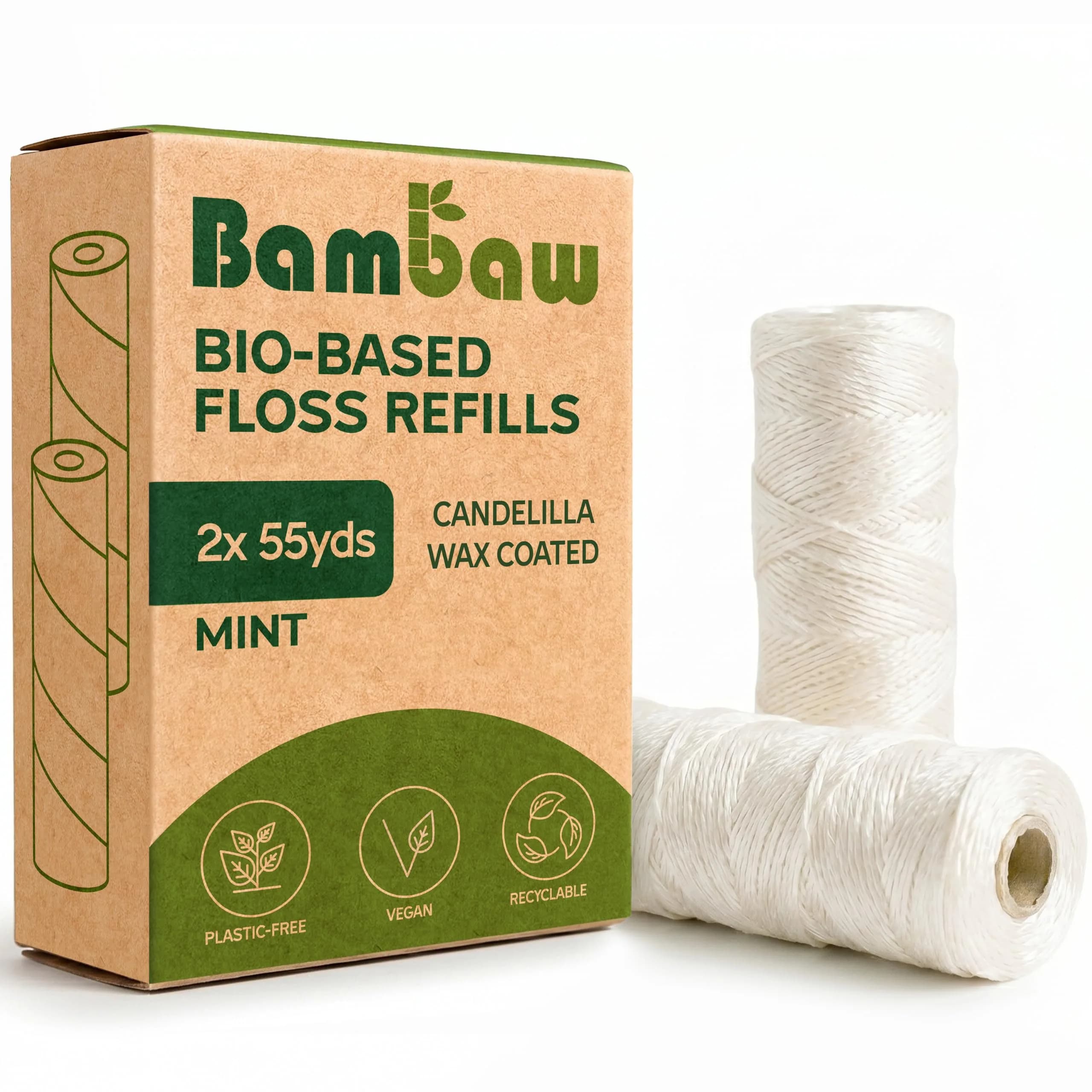 Bambaw Mint Silk Dental Floss Refills 165 Foot (Pack of 2) | Biodegradable & Plastic-Free Oral Care — White