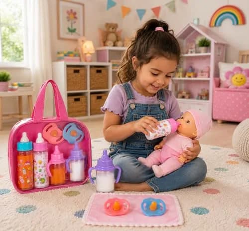 fash n kolor Baby Doll Feeding Set with Toy Bag | 6 Pieces, Ages 3+ thumbnail 2