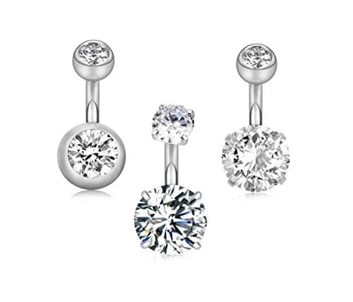 YHMM 14G Surgical Steel Belly Button Rings 10mm (0.39 inch) | 3-Piece Silver Navel Barbells with Cubic Zirconia thumbnail 1