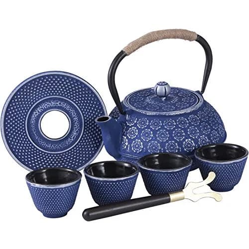 Ufine Blue Floral Cast Iron Teapot Set 28 oz | Elegant Stove-Top Tea Kettle with 4 Cups thumbnail 1