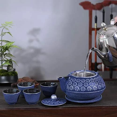 Ufine Blue Floral Cast Iron Teapot Set 28 oz | Elegant Stove-Top Tea Kettle with 4 Cups thumbnail 7