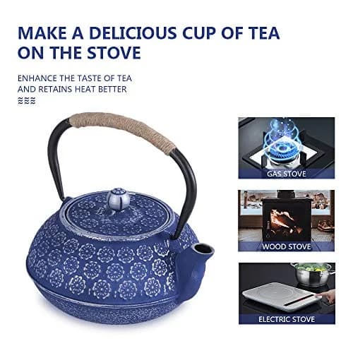 Ufine Blue Floral Cast Iron Teapot Set 28 oz | Elegant Stove-Top Tea Kettle with 4 Cups thumbnail 2