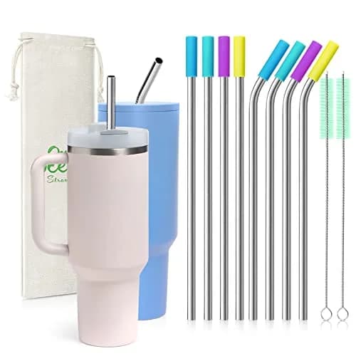 Teivio 8 Piece Stainless Steel Straws for 40 oz Tumbler | 20.3 cm (8mm) Wide Reusable Metal Drinking Straws with Silicone Tips & Cleaning Brush thumbnail 1