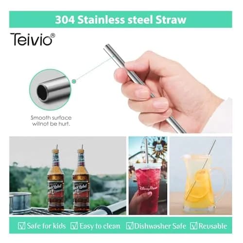 Teivio 8 Piece Stainless Steel Straws for 40 oz Tumbler | 20.3 cm (8mm) Wide Reusable Metal Drinking Straws with Silicone Tips & Cleaning Brush thumbnail 4