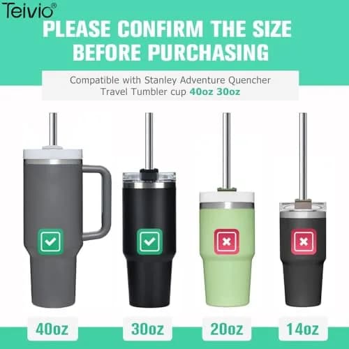 Teivio 8 Piece Stainless Steel Straws for 40 oz Tumbler | 20.3 cm (8mm) Wide Reusable Metal Drinking Straws with Silicone Tips & Cleaning Brush thumbnail 2