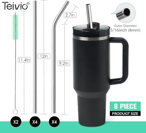 Teivio 8 Piece Stainless Steel Straws for 40 oz Tumbler | 20.3 cm (8mm) Wide Reusable Metal Drinking Straws with Silicone Tips & Cleaning Brush thumbnail 3