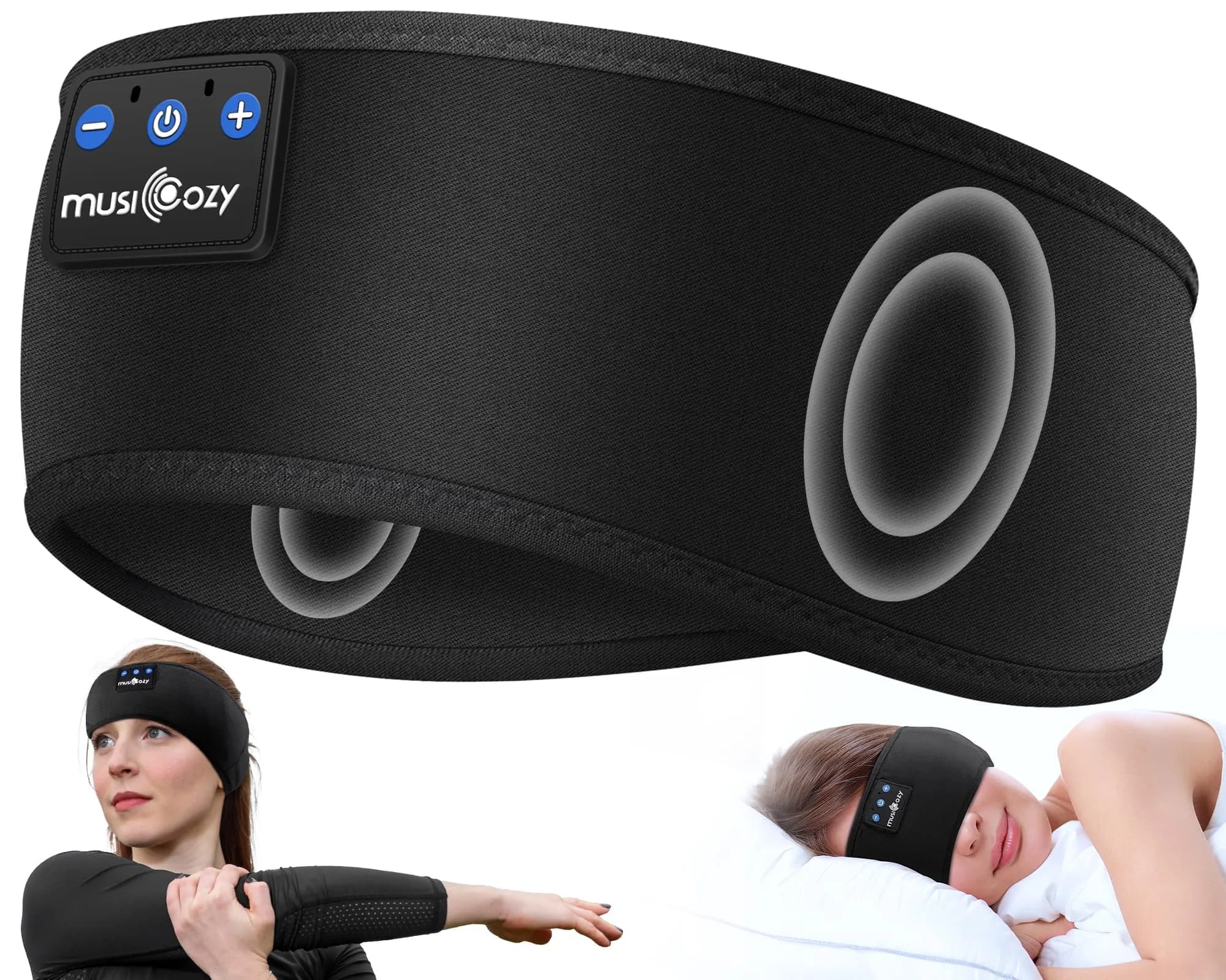 MUSICOZY Bluetooth Sleep Headphones Headband with Built-in Mic | Dark Black, 20m Range