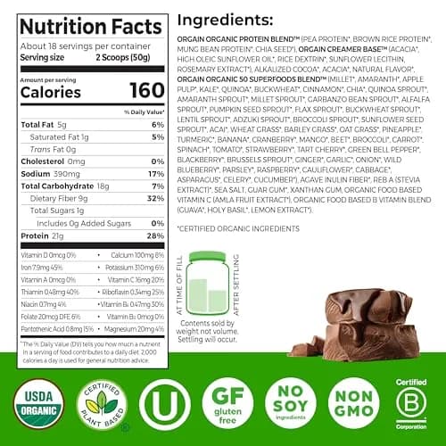 Orgain Organic Vegan Protein Powder Creamy Chocolate Fudge 907g (2.02 lb) | 21g Plant Protein, 10g Fiber, USDA Organic thumbnail 2