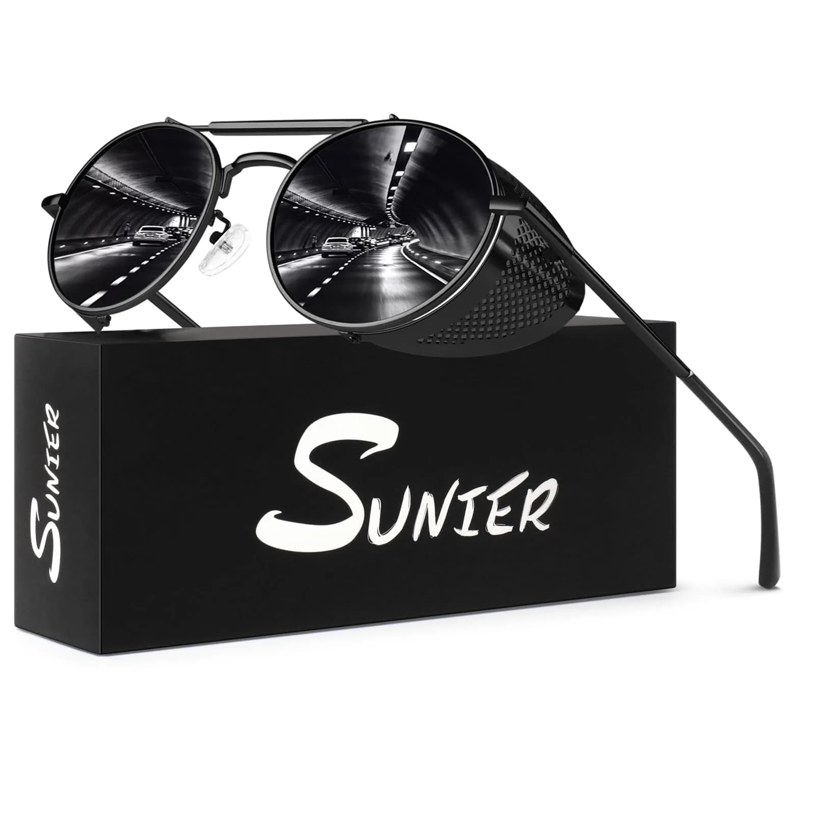 Sunier Round Polarized Steampunk Sunglasses Men Women Side Shield Goggles | 52mm Lens Width - main product image