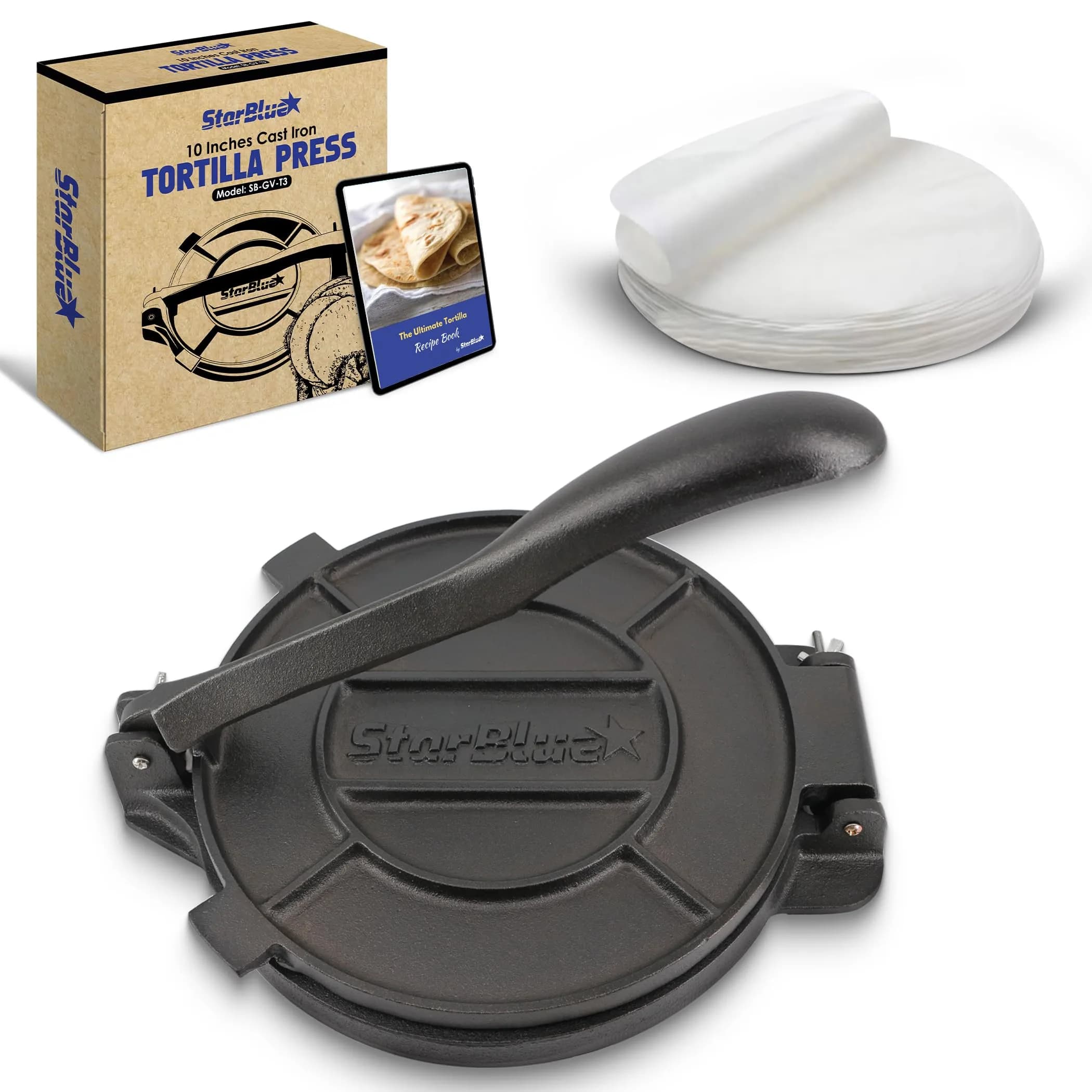 StarBlue 8 Inch Cast Iron Tortilla Press | Heavy Duty Roti Maker Tool — 10 INCH