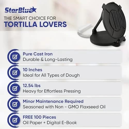 StarBlue 10 Inch Cast Iron Tortilla Press | 2.27 kg (5 lb) with 100 Oil Papers thumbnail 7