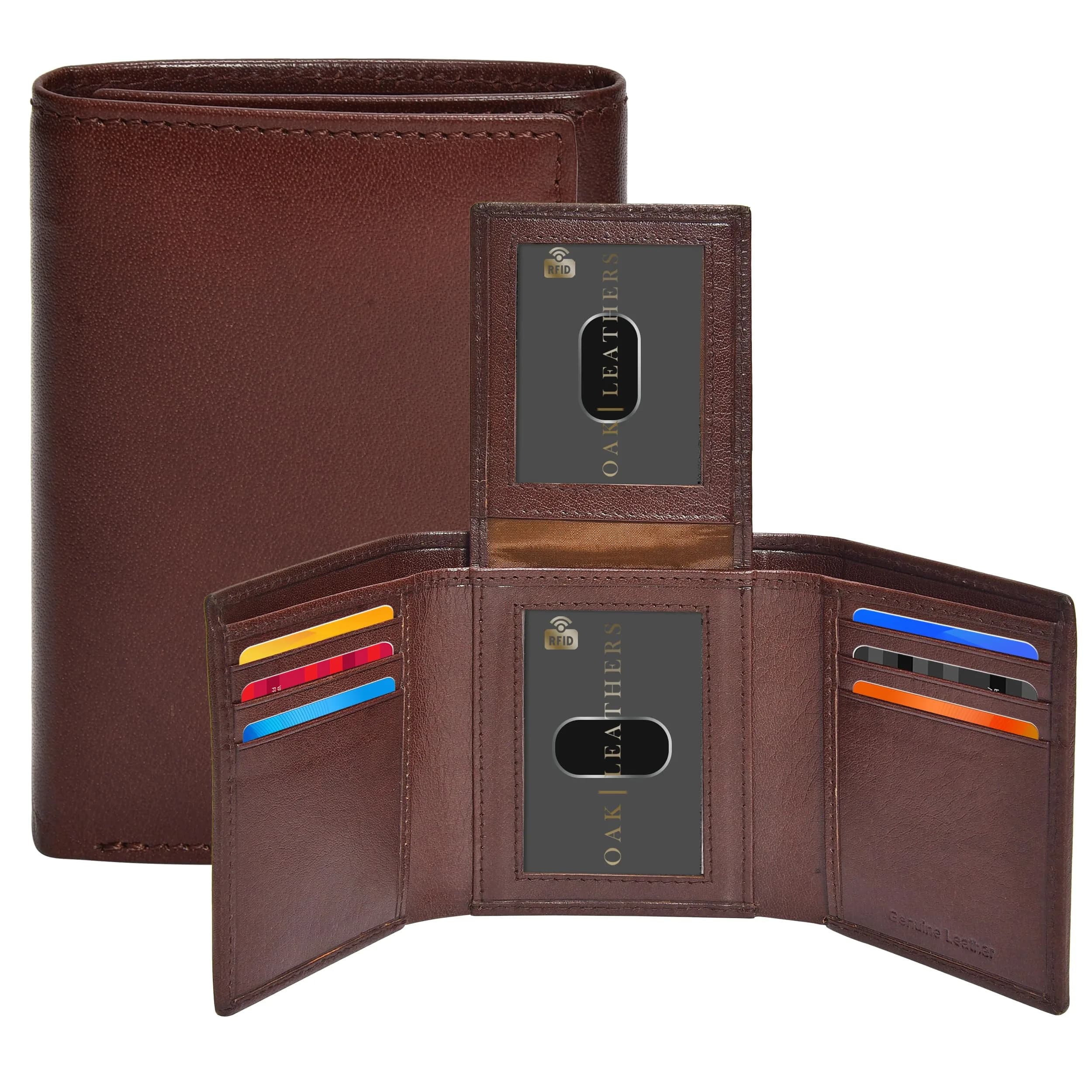 Oak Leathers Leather Mens Trifold Wallet RFID Blocking Slim with ID Window, Gift Box