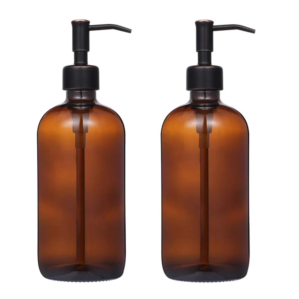 CHBJDAN 2 Pack Amber Glass Soap Dispenser with Oil Rubbed Bronze Pump, 16oz (473ml) Boston Round Bottles | Vintage Style for Home, Kitchen & Bath