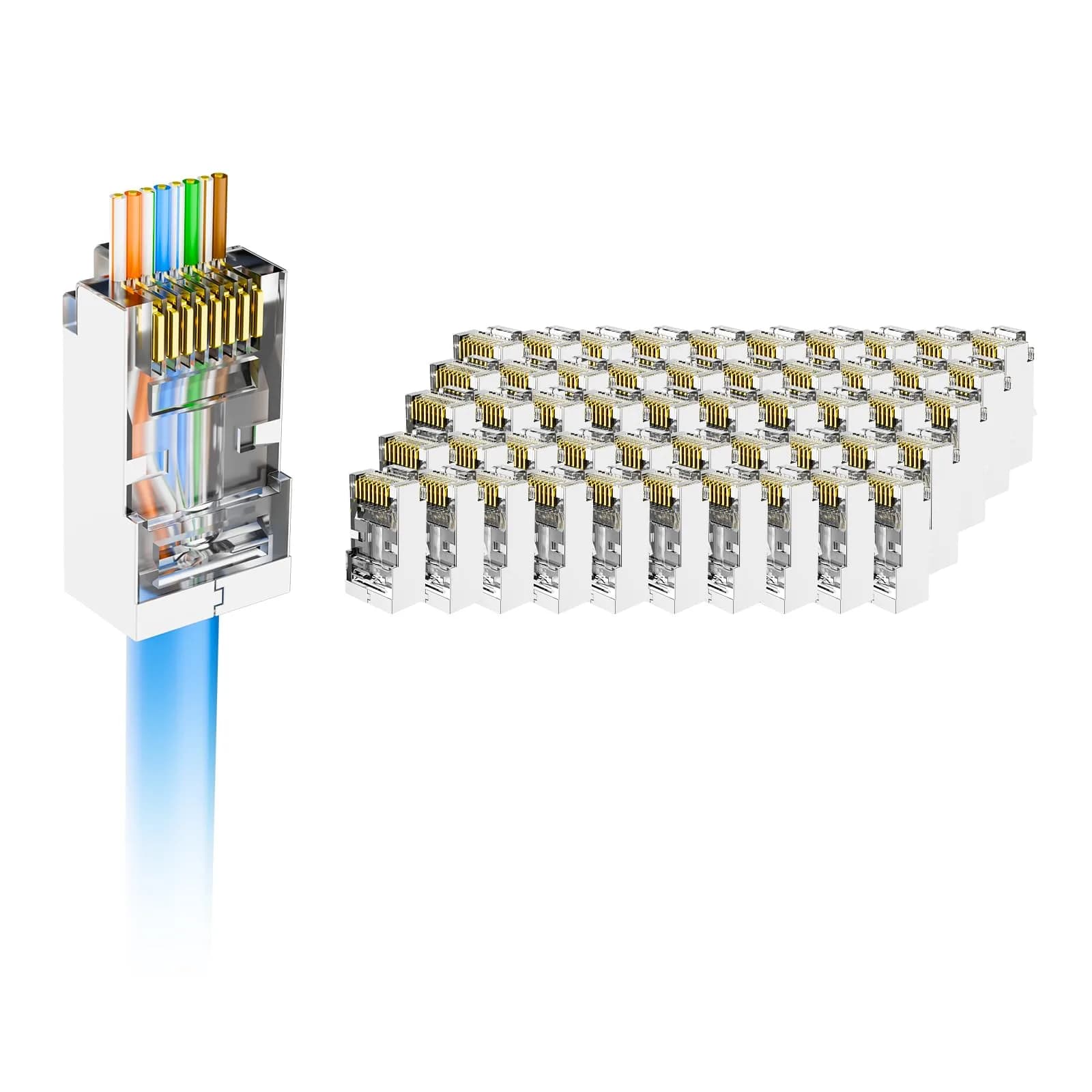 VCE Cat6 RJ45 Pass Through Connectors Gold Plated 8P8C 10 Gbps 50-Pack | UL Listed 250V AC Max — Silver / Only Connectors