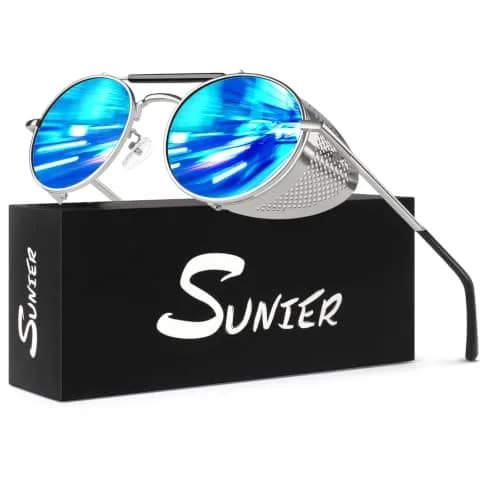 Sunier Round Polarized Steampunk Sunglasses Men Women Side Shield Goggles | 100% UV400 HD Polarized Lens, Unbreakable Metal Frame, Adjustable Fit thumbnail 1