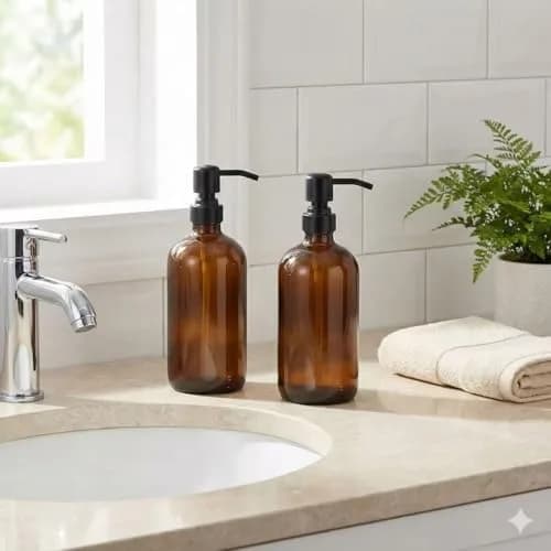 CHBJDAN Amber Glass Soap Dispenser 2 Pack 454ml (16 Oz) | Vintage Style with Matte Black Stainless Steel Pump thumbnail 7