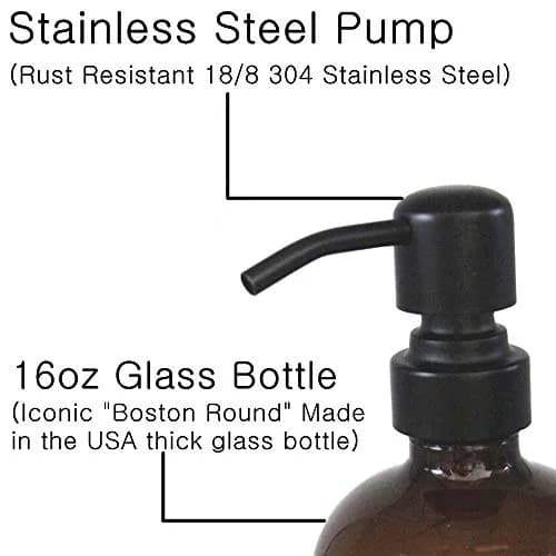 CHBJDAN Amber Glass Soap Dispenser 2 Pack 454ml (16 Oz) | Vintage Style with Matte Black Stainless Steel Pump thumbnail 3