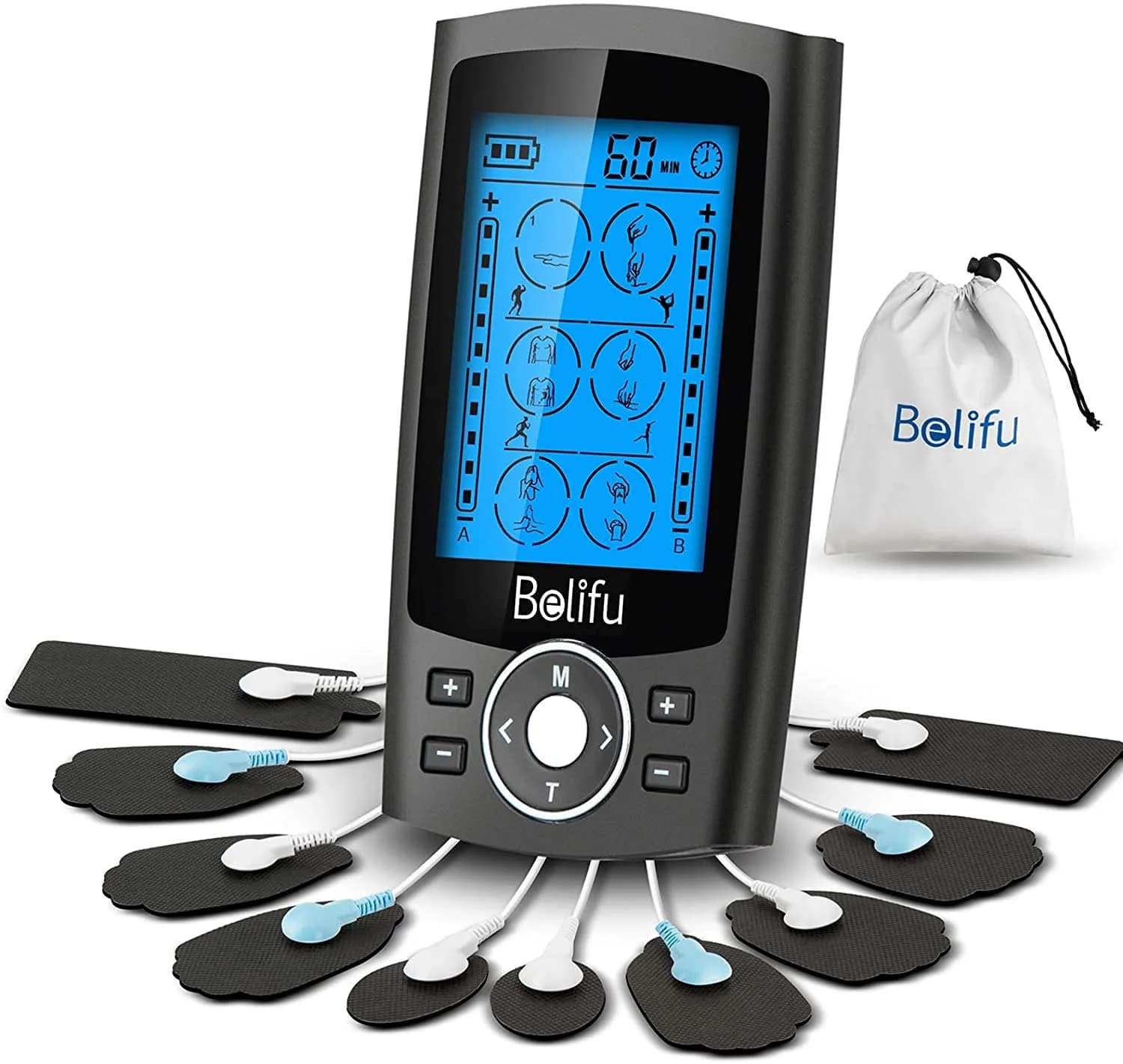 Belifu Dual Channel TENS EMS Unit 24 Modes Muscle Stimulator for Pain Relief Therapy with 10 Pads - main product image