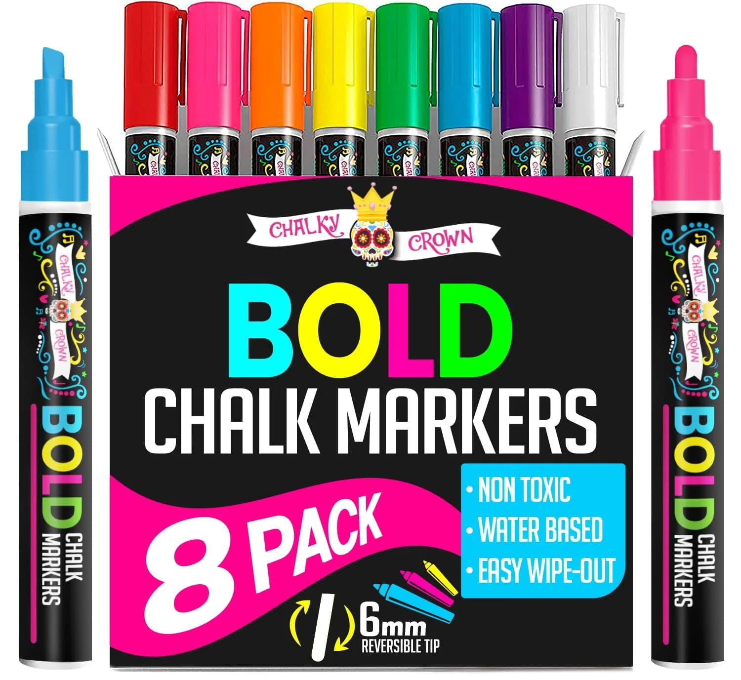 CHALKY CROWN Liquid Chalk Markers - Bold Chalkboard Markers - 8 Pack, 6mm | Non-Toxic, Erasable, for Glass & Ceramic - main product image