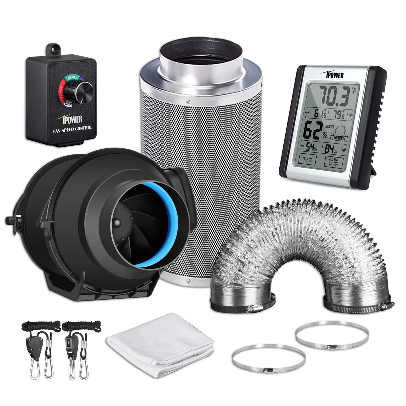 iPower 4 Inch 118 CFM Inline Duct Fan with Filter, 25ft Ducting & Speed Controller | Grow Tent Ventilation Kit - main product image