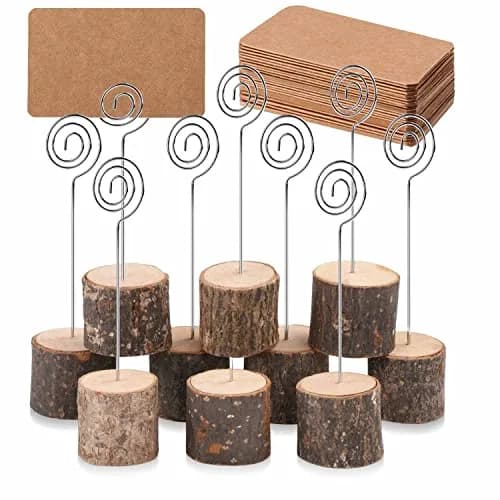 Toncoo 10Pcs Rustic Wood Place Card Holders with Swirl Wire & 20 Kraft Cards | Elegant Table Markers for Weddings & Events thumbnail 1