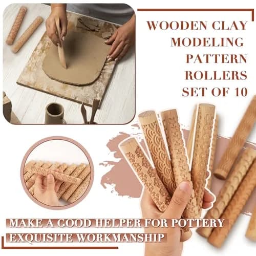 Lzttyee Wooden Handle Pottery Tools Set of 10 | Clay Texture Rollers for Ceramics & Sculpting thumbnail 6
