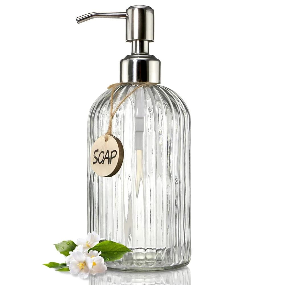 JASAI 18 Oz Clear Glass Soap Dispenser with Rust Proof Stainless Steel Pump | Elegant Bathroom & Kitchen Accessory