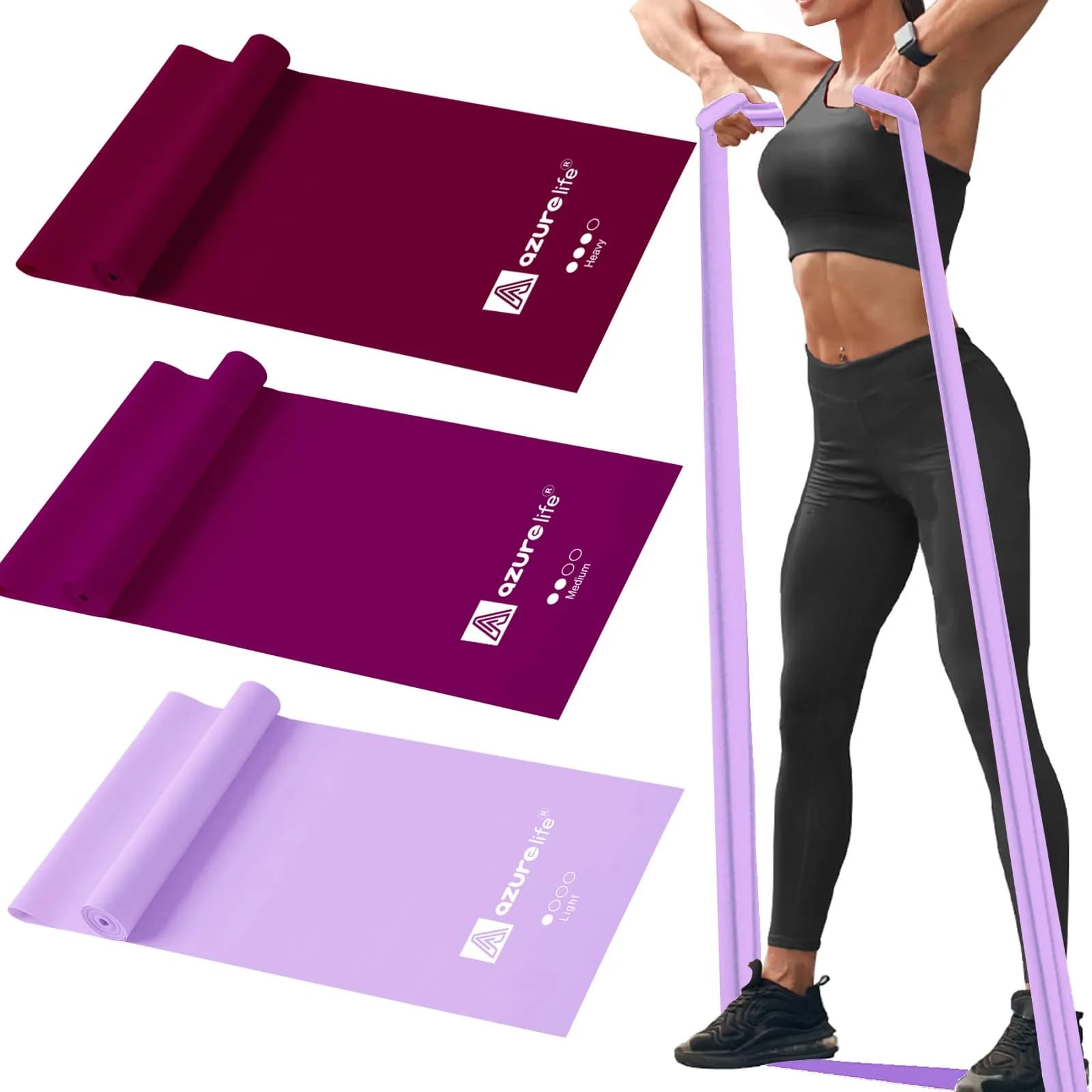 A AZURELIFE Resistance Bands Set, 3-Level Non-Latex Elastic Stretch Bands 1.5m (5 ft) | Physical Therapy, Yoga, Pilates, Strength Training — Purple