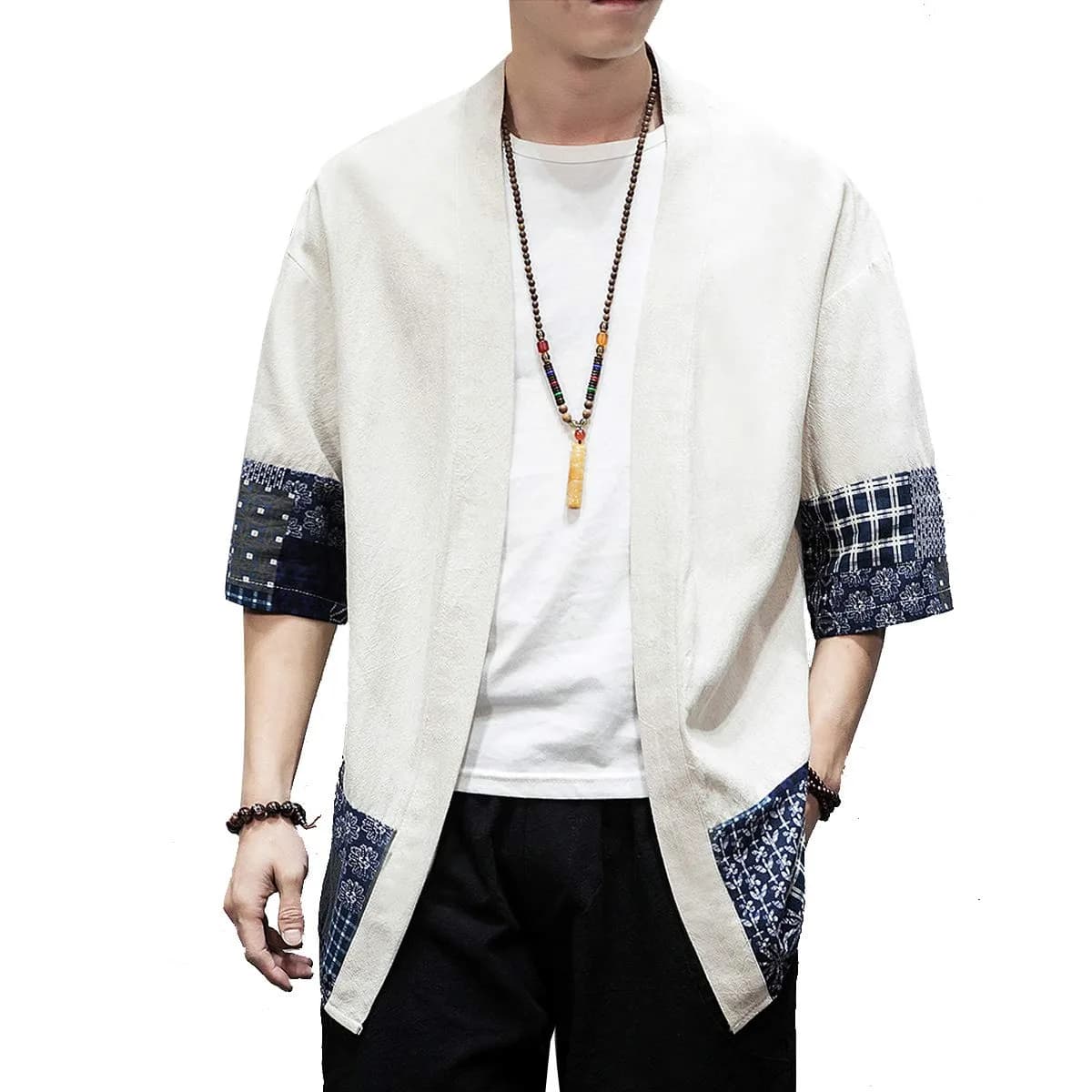 PRIJOUHE Mens Kimono Cardigan Cotton Linen Kimono Jacket 3/4 Sleeve | Casual Japanese Haori