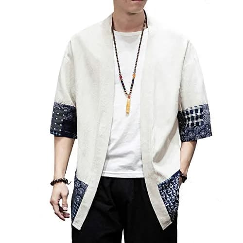 PRIJOUHE Mens Kimono Cardigan Cotton Linen Kimono Jacket 3/4 Sleeve | Casual Japanese Haori thumbnail 1