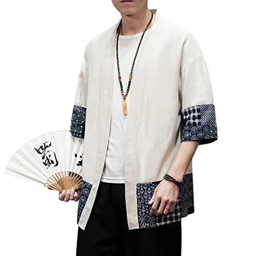PRIJOUHE Mens Kimono Cardigan Cotton Linen Kimono Jacket 3/4 Sleeve | Casual Japanese Haori thumbnail 4